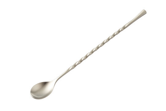 Metal bar spoon on transparent background. Stainless steel cocktail stirring tool. Long spiral mixing utensil.