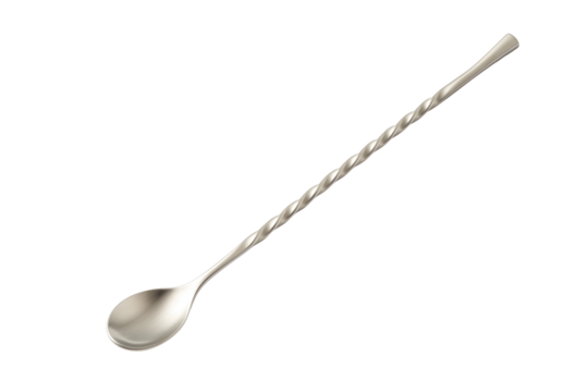 Metal bar spoon on transparent background. Stainless steel cocktail stirring tool. Long spiral mixing utensil.