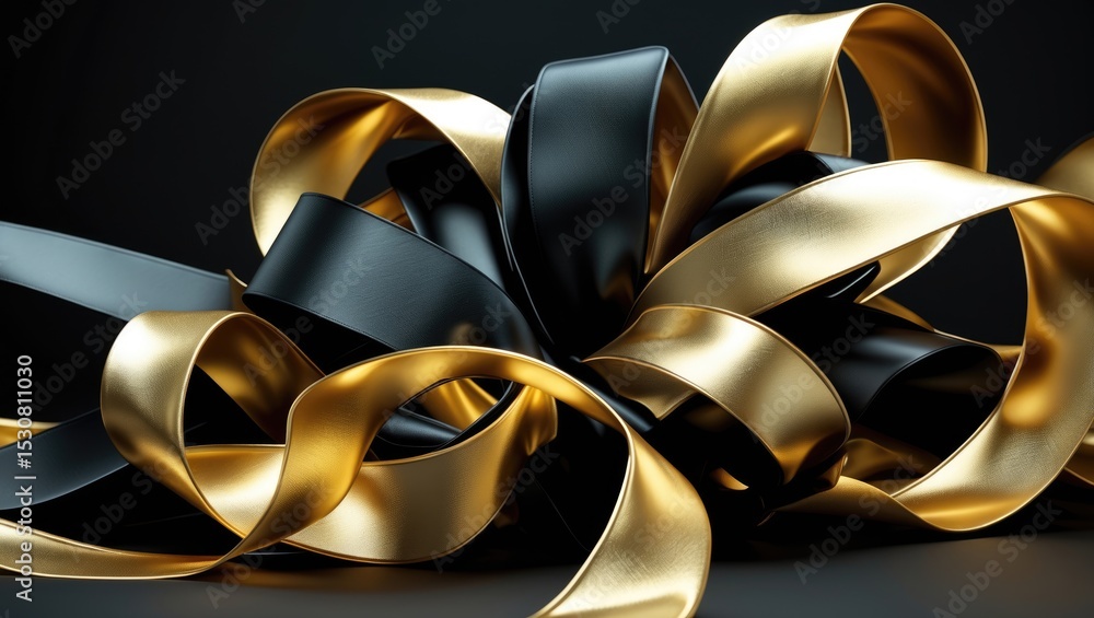Poster an abstract arrangement of flowing ribbons positioned against a striking black background, creating 