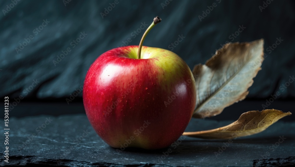 Poster a red apple with a stem on top rests on a black surface, encircled by a partially visible leaf. conc