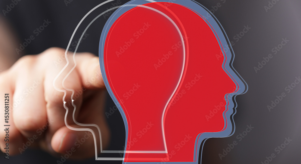 Poster stock photo of a hand pointing at overlapping head silhouettes, symbolizing understanding different 