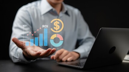 A person presenting a virtual financial growth graph.