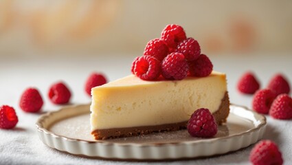 A slice of cheesecake topped with raspberries served on a white plate. A straightforward cheesecake with raspberries. a delicious cheesecake
