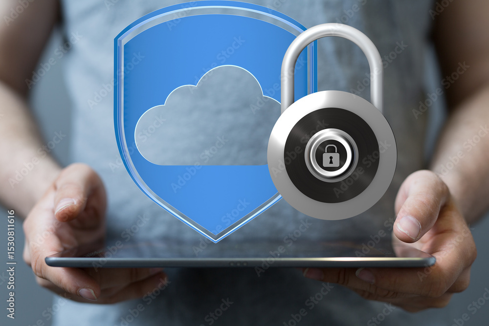 Poster Ensuring digital safety with robust cloud security measures. Protect sensitive data.