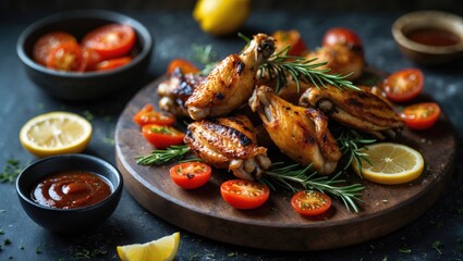 Appetizing chicken wings grilled with barbecue flavor, seasoned with spices and served with vegetables until crisp.