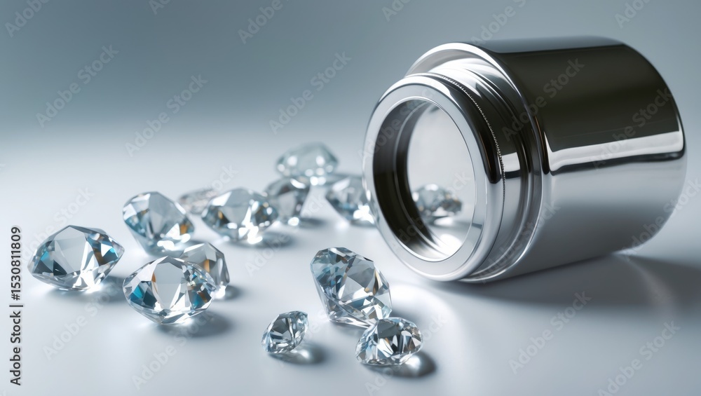 Poster a variety of diamonds of various sizes and shapes scattered on a white table with a magnifying glass