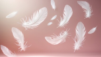 Abstract soft white feathers drifting in the air with ample copy space on pink background