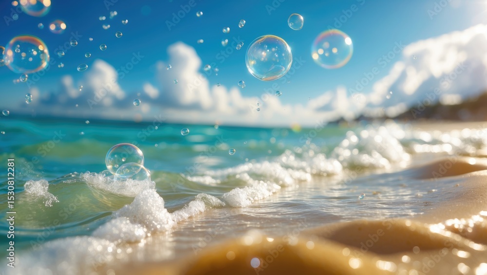 Poster background image of a seaside during summer with bubbles.