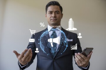 Businessman displaying global communication concepts.