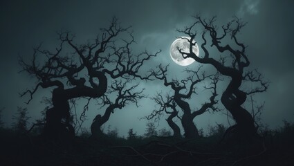 A silhouette of tree branches against the moonlit night in the park.