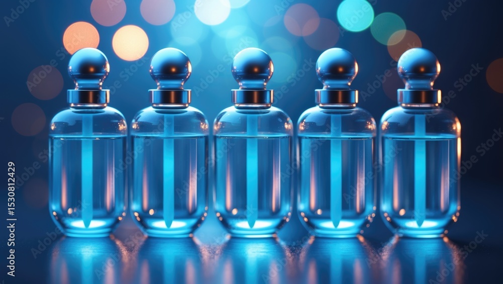 Poster ampoule on abstract bokeh background with blurred light effects.
