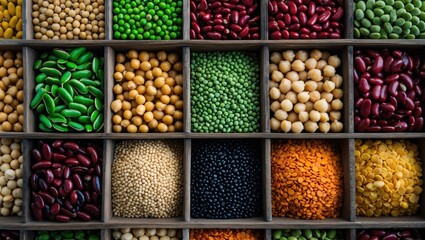Variety of beans from a top view. Food background.