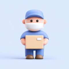 Delivery person icon cartoon character wearing face mask holding package simple style illustration faceless figure blue cap