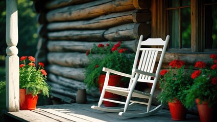 Obraz premium An antique white rocking chair situated on the porch of a rustic log cabin.