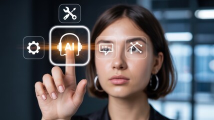 A young woman interacts with a digital interface showcasing artificial intelligence applications.