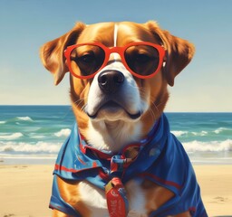 Illustration of funny animal, dog with sunglasses on sandy beach.
