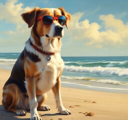 Illustration of funny animal, dog with sunglasses on sandy beach.