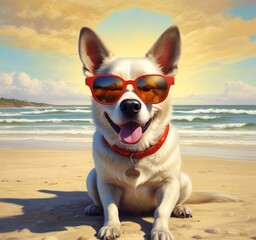 Illustration of funny animal, dog with sunglasses on sandy beach.