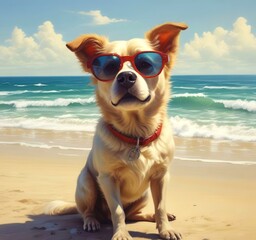 Illustration of funny animal, dog with sunglasses on sandy beach.