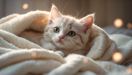 Obraz premium A cozy white blanket is used to warm up an adorable kitty.