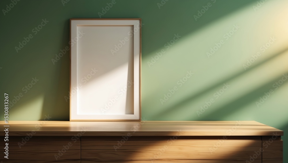 Poster a table with an empty frame positioned beside a green wall.