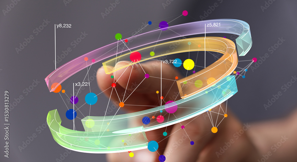 Poster Abstract image of a finger interacting with a vibrant 3D data network. Ideal for technology, innovation, and connection concepts.