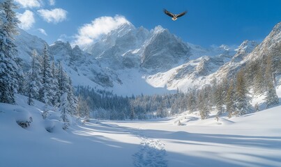 serene mountain pass with snow-covered peaks, an eagle soaring high above, and footprints trailing through the snow, Generative AI