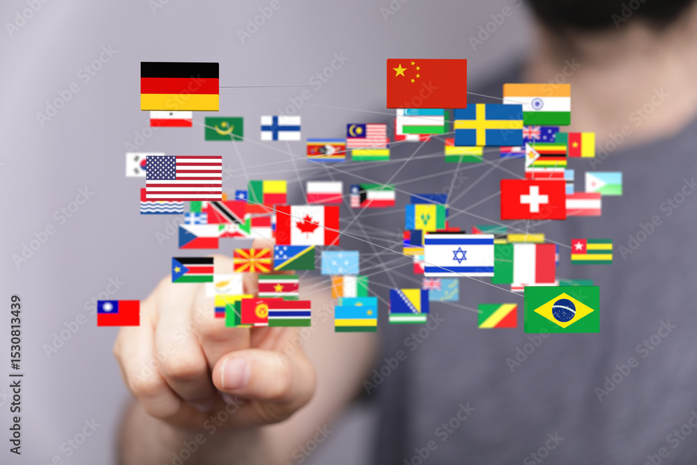 Poster a diverse array of flags interconnected, symbolizing global unity, partnerships, and international r