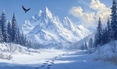 Fototapeta premium serene mountain pass with snow-covered peaks, an eagle soaring high above, and footprints trailing through the snow, Generative AI