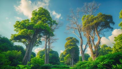 A tall eucalyptus tree, Eucalyptus camaldulensis, the river red gum, with abundant green foliage and gnarled branches set against a clear blue sky