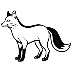 Black outlined fox stands alert, its white fur contrasting with its shadowed legs and tail