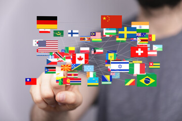 A diverse array of flags interconnected, symbolizing global unity, partnerships, and international...