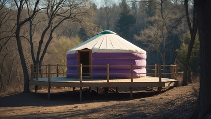 A yurt situated on an elevated platform within a wooded area, perfect for themes of nature retreats and alternative living.