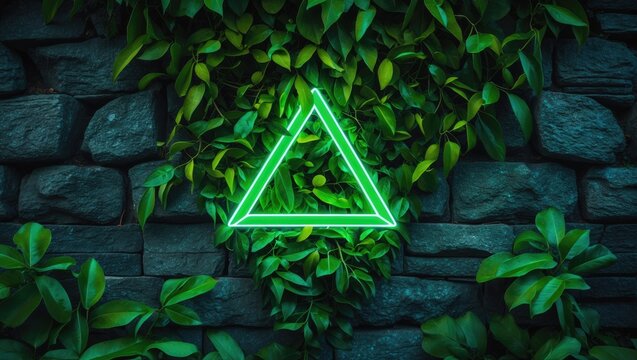 Background featuring leaves on a stone wall with a neon light triangle. Abstract concept inspired by nature.