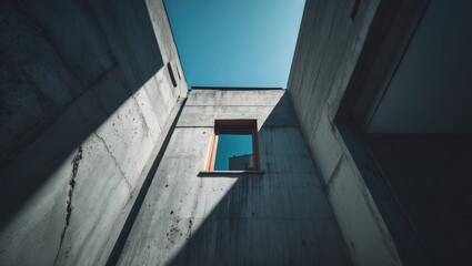 Fototapeta premium A weathered concrete building featuring a lone window, streaked walls, and a mounted streetlight, positioned before a bright blue sky and contemporary structures.