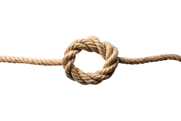 Intricate circular rope knot tied securely in the center of a line, isolated on a transparent background