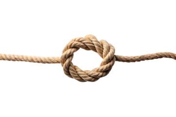 Intricate circular rope knot tied securely in the center of a line, isolated on a transparent background