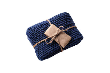 Navy blue knitted blanket tied with brown twine and tag, isolated on a transparent background
