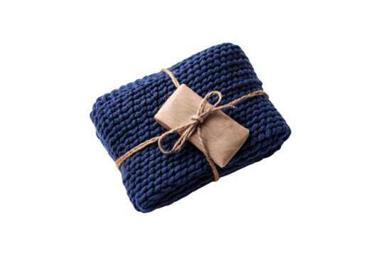Navy blue knitted blanket tied with brown twine and tag, isolated on a transparent background