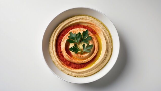 Arabic food Hummus with mint in a bowl isolated on white n cuisine featuring Hummus with mint served in a bowl on a white background.
