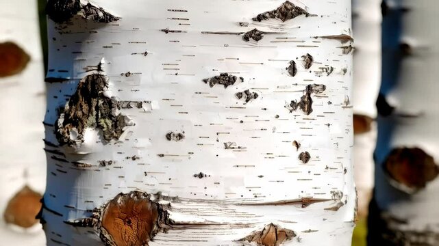 Close-up view of a white birch tree trunk, featuring horizontal lenticels, peeling bark details, and textured patterns in natural sunlight.