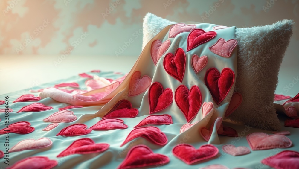 Poster a square white throw pillow features a table runner with hearts resting affectionately on top.