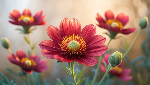 A stunning coreopsis flower picture. The enchanted eve flower showcases crimson petals with golden centers and distinguishes itself among other flowers of its kind.