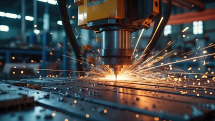 CNC plasma cutting banner working on metal iron material with sparks, industrial background.