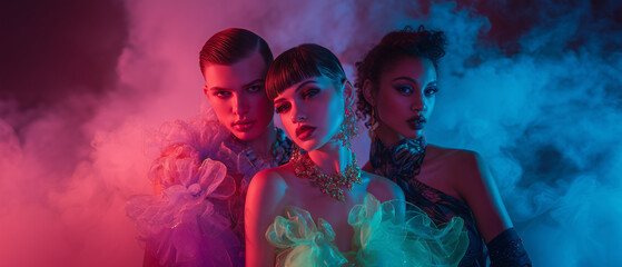 high-fashion summer editorial shoot where models wear opulent, nature-inspired gowns with neon bioluminescence,; minimalist composition with maximalist details; pink light; studio shot