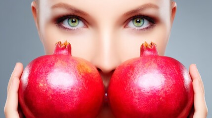 Close-up of a woman with striking green eyes holding two pomegranates in front of her face