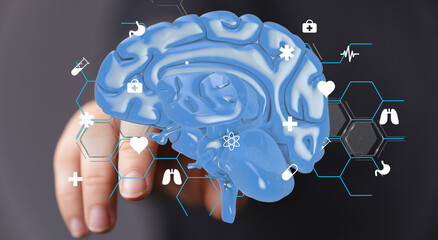 3D brain model with medical icons.  Neurology, healthcare, technology.