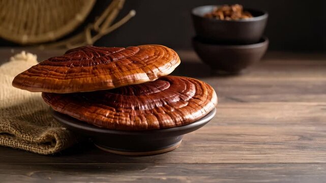 Lingzhi medicinal mushrooms stacked on a small bowl, with textile and other bowls of reishi on a dark wood surface.