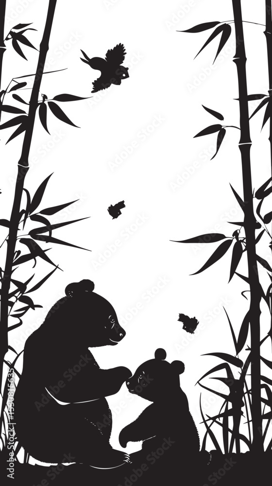 Wall mural pandas silhouette isolated in white background