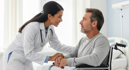 Obraz premium Doctor and patient in wheelchair talking. Rehabilitation and medical treatment concept